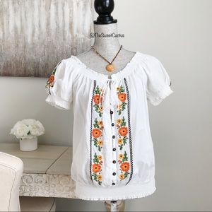Karen Kane Boho Floral Embroidered Peasant Blouse
